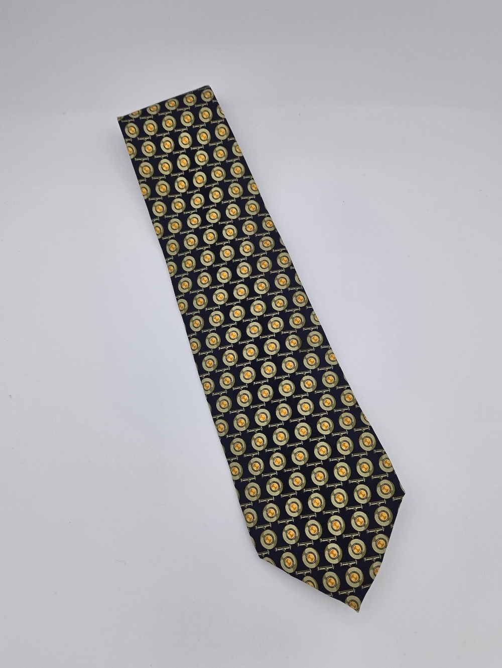 Vintage TRUSSARDI‎ Silk Neck Tie Italy Navy Blue & Gold Medallion Geometric
